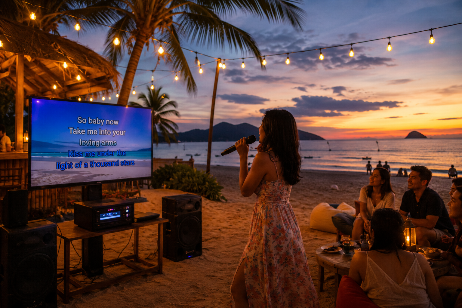 A hand-painted barrel-style coin-operated videoke machine with a CRT television on top, parked on the sand.