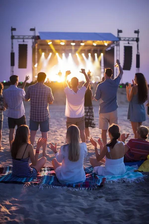A crowd dancing on the sand in front of a brightly lit outdoor concert stage at dusk.