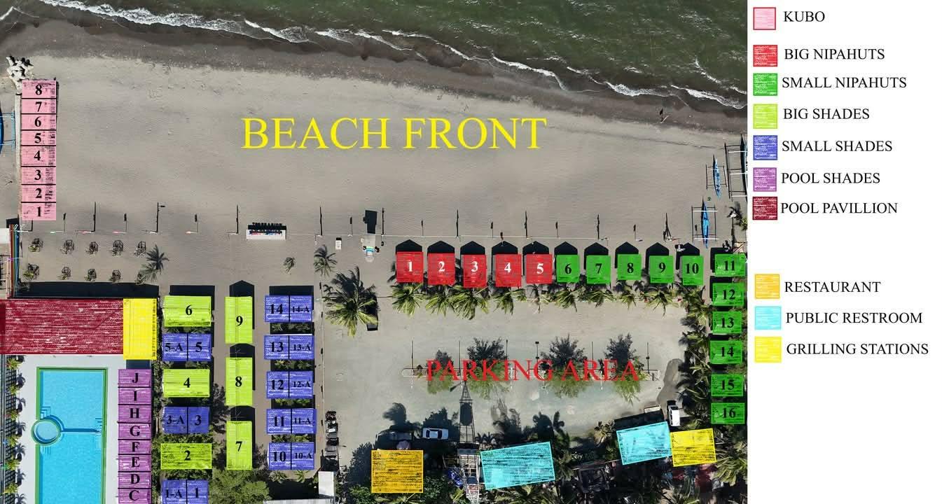 Aerial layout of Your Resort showing kubos, nipa huts, shades, pool, restaurant, restrooms, grilling stations, and parking